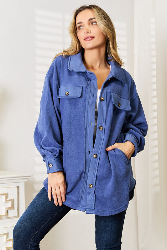 Heimish Button Down Shacket In Dusty Blue