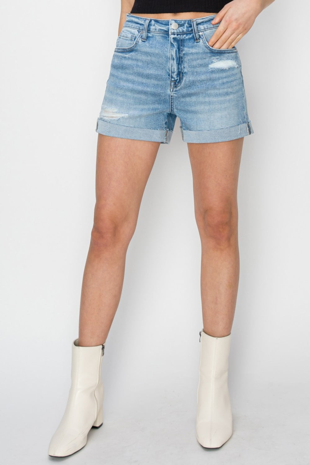 RISEN Distressed Mid-Rise Waist Denim Shorts