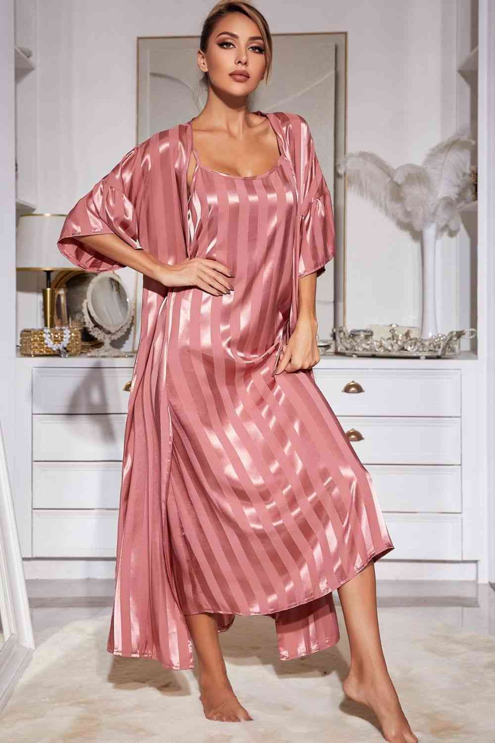 Striped Open Front Robe and Cami Dress Set