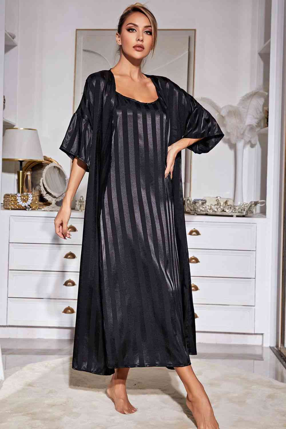 Striped Open Front Robe and Cami Dress Set