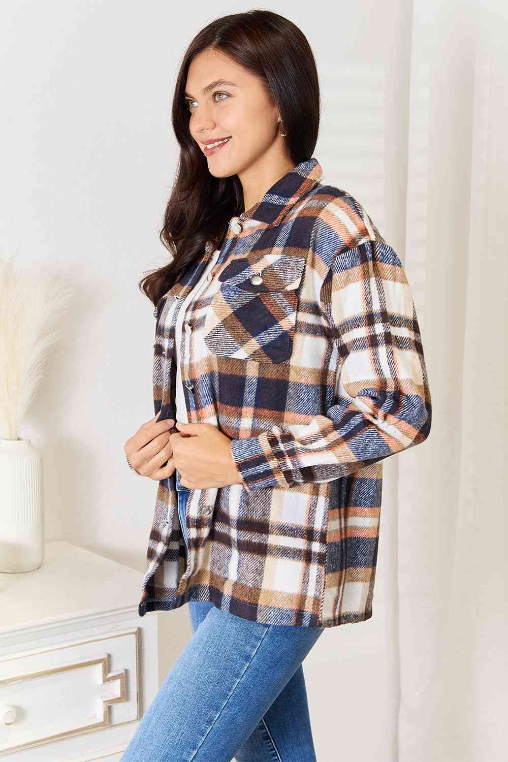 Double Take Plaid Button Jacket