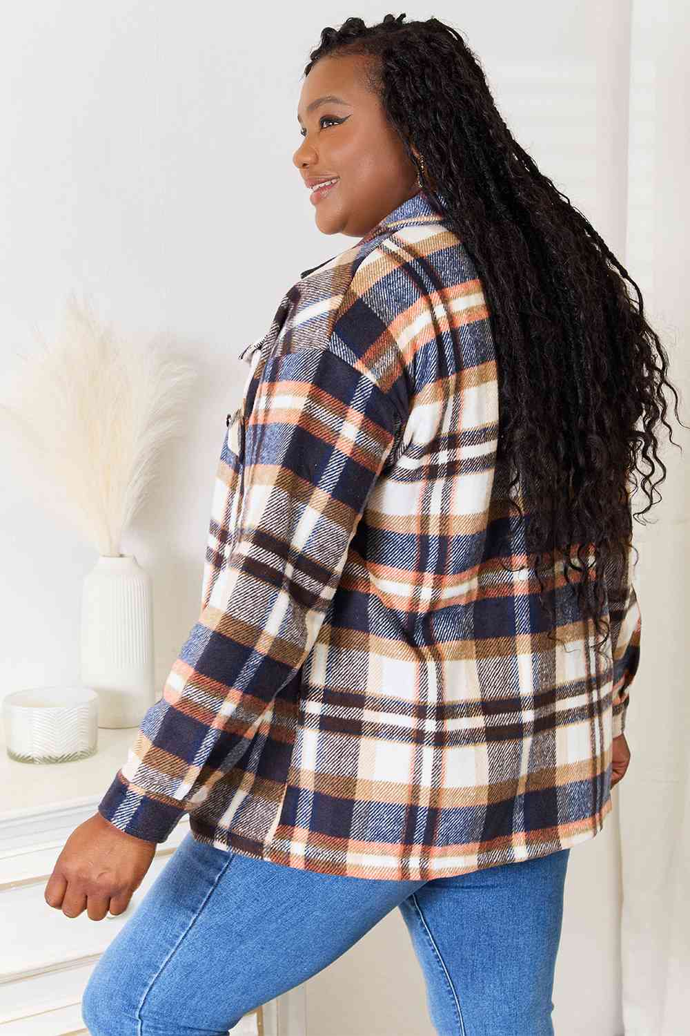 Double Take Plaid Button Jacket