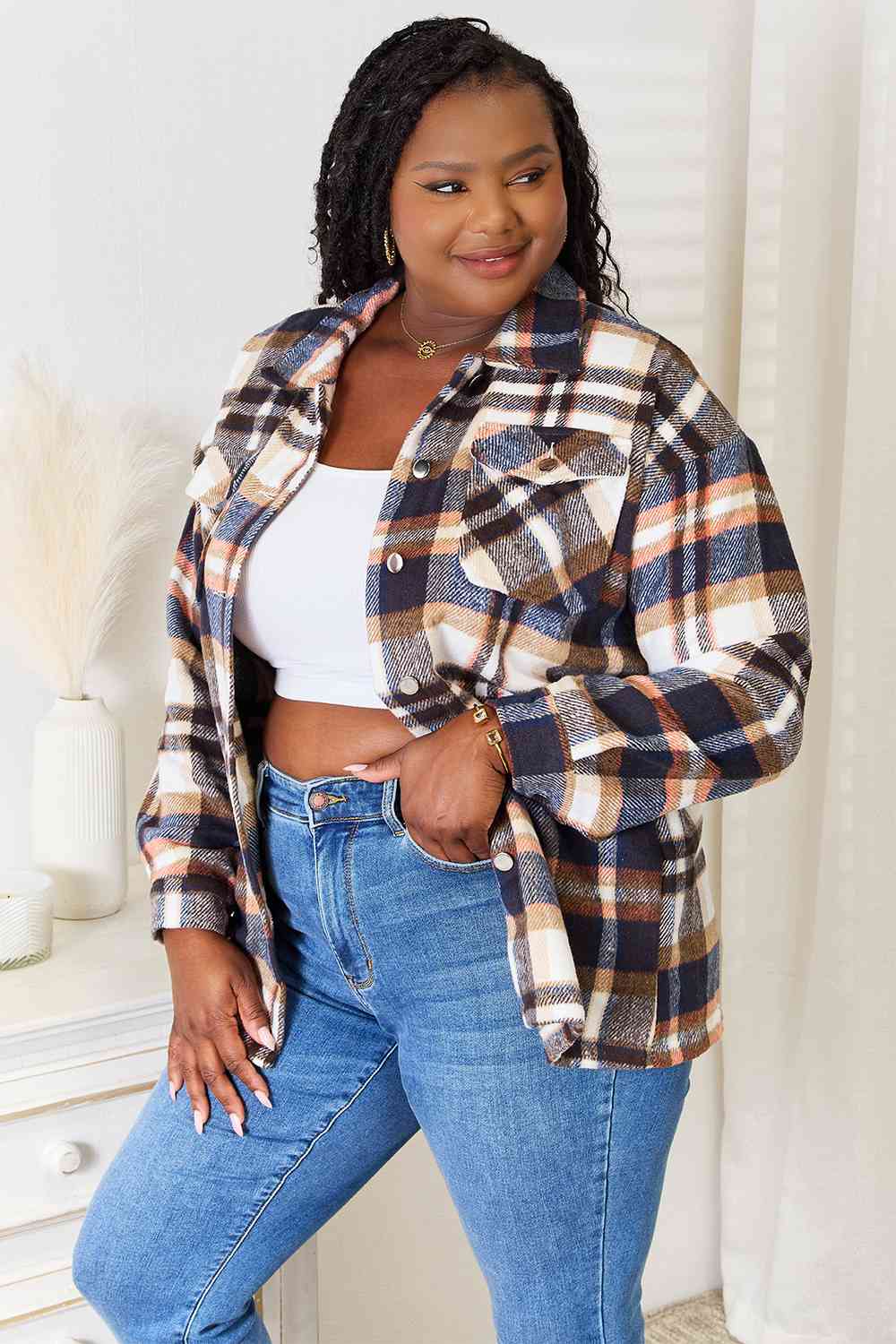 Double Take Plaid Button Jacket