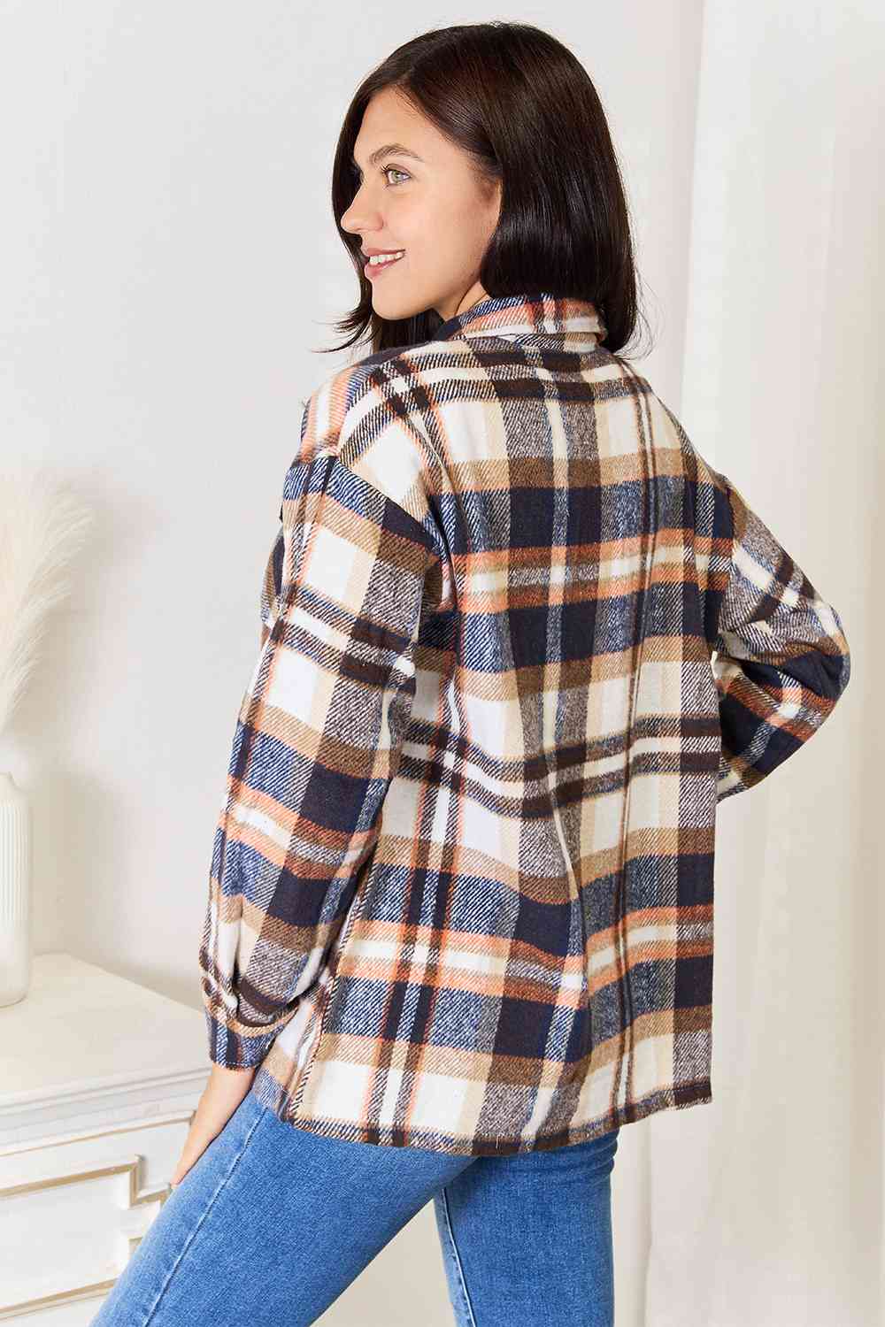 Double Take Plaid Button Jacket