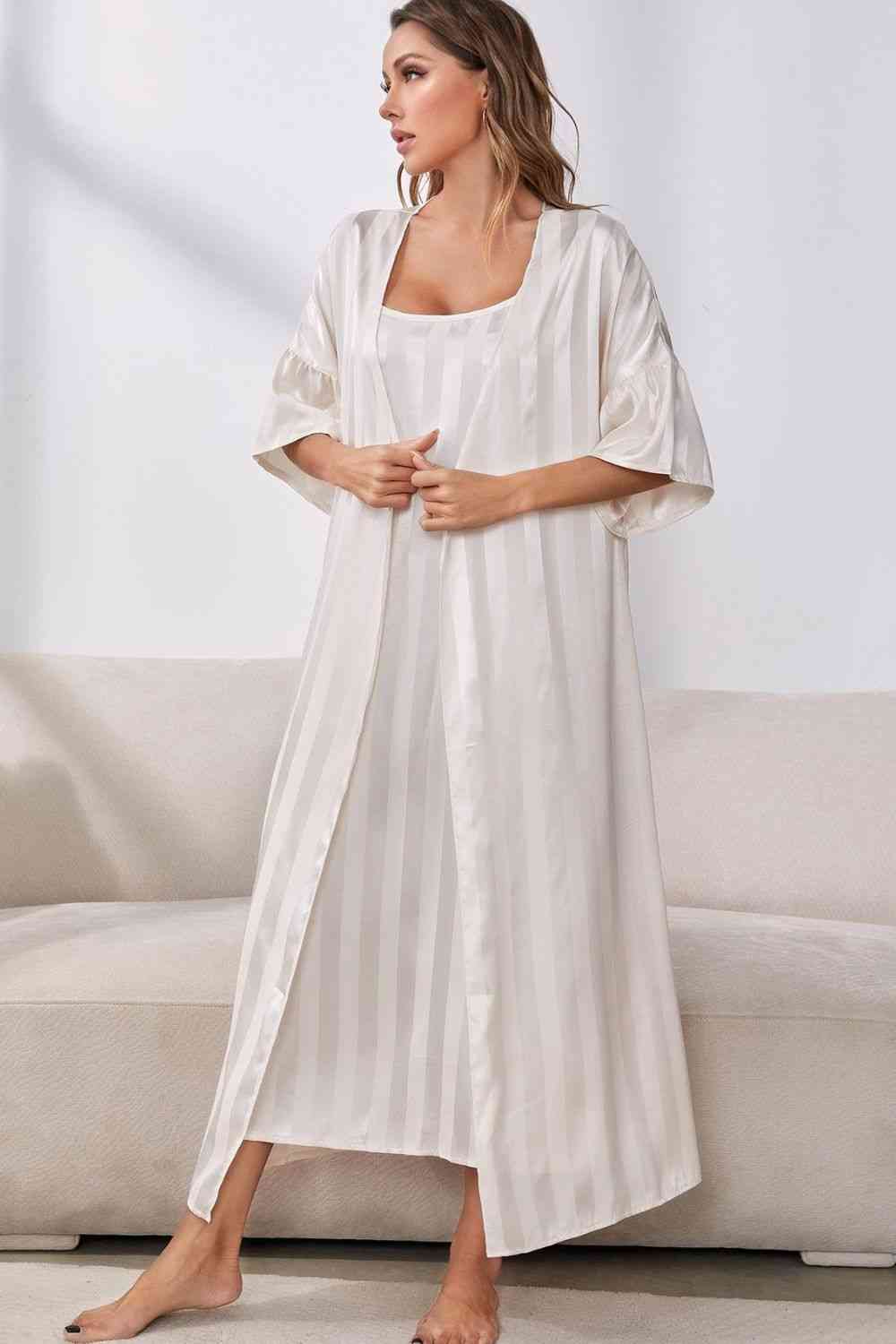 Striped Open Front Robe and Cami Dress Set