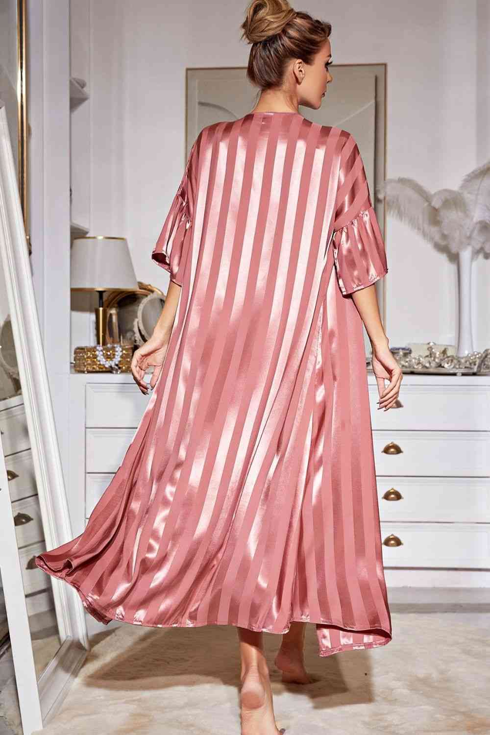 Striped Open Front Robe and Cami Dress Set