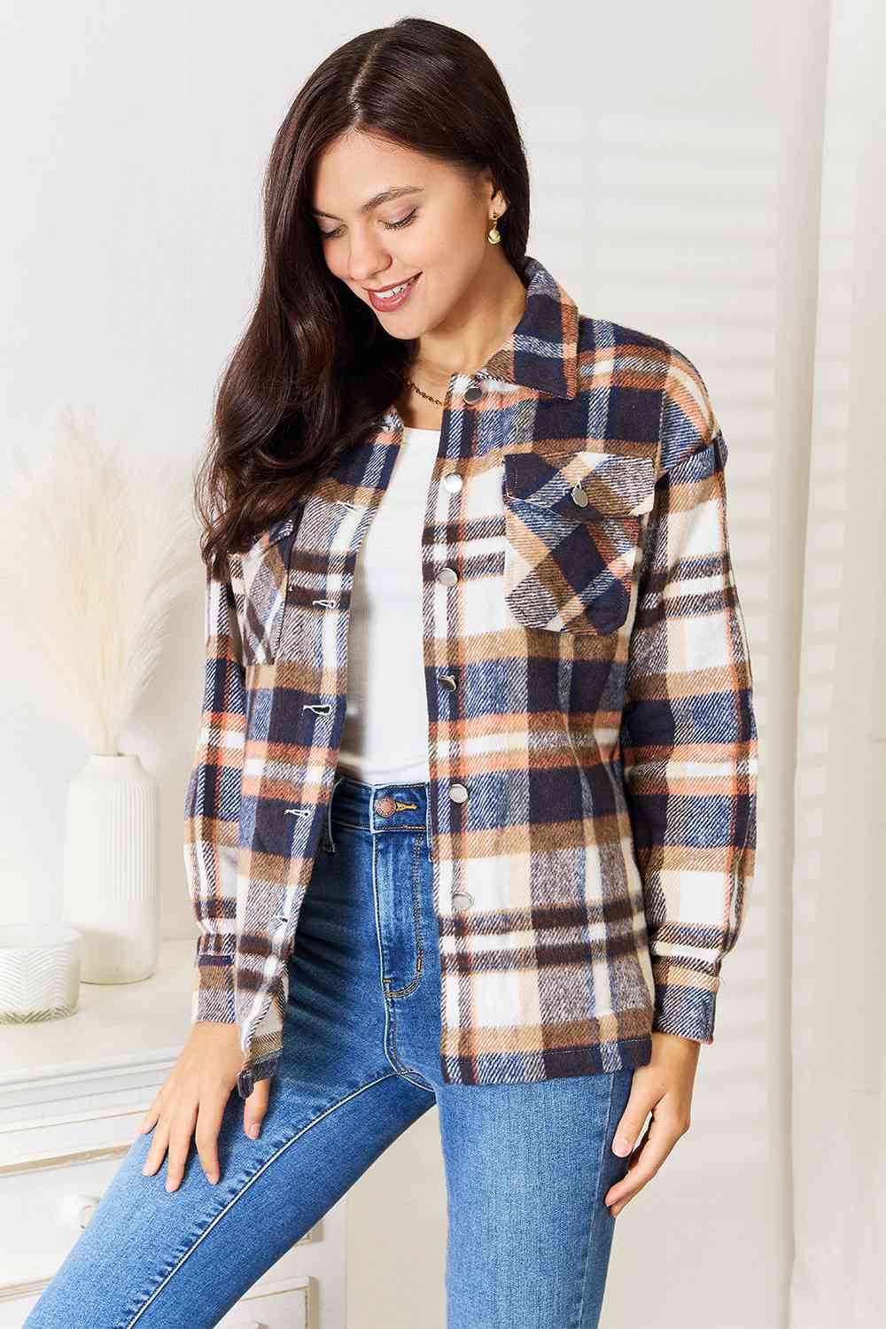 Double Take Plaid Button Jacket