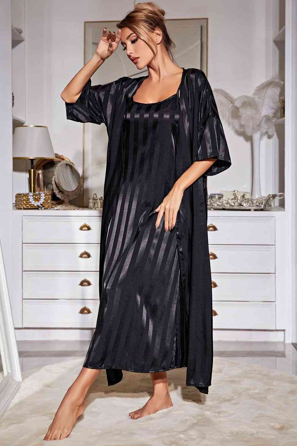 Striped Open Front Robe and Cami Dress Set