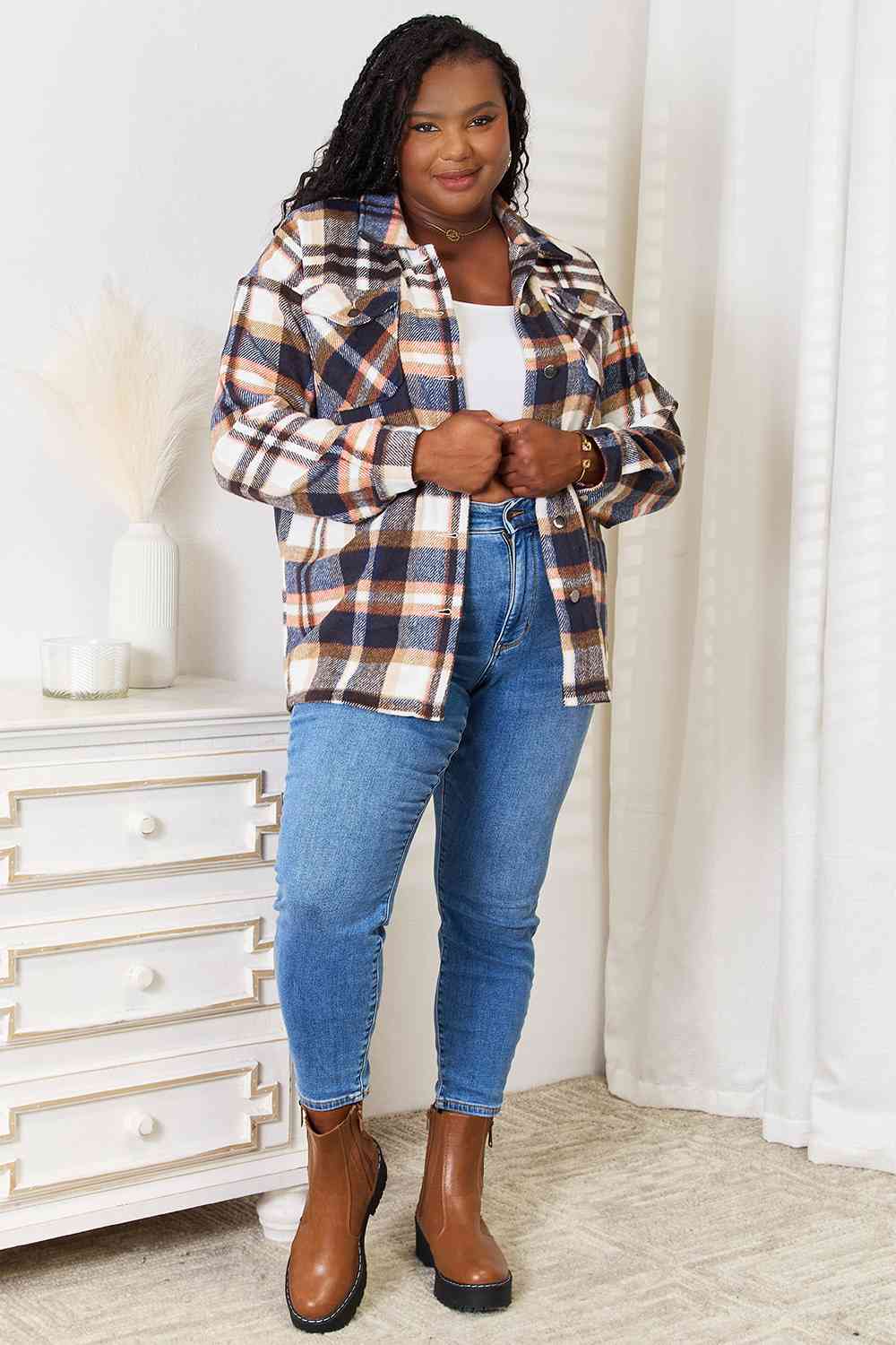 Double Take Plaid Button Jacket