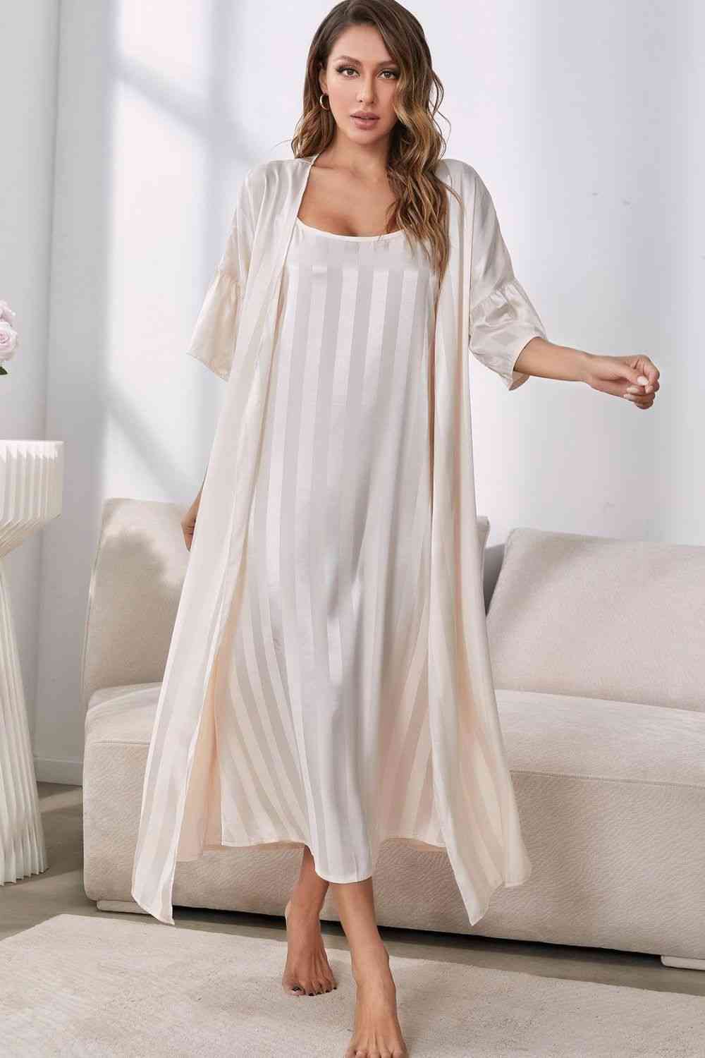 Striped Open Front Robe and Cami Dress Set