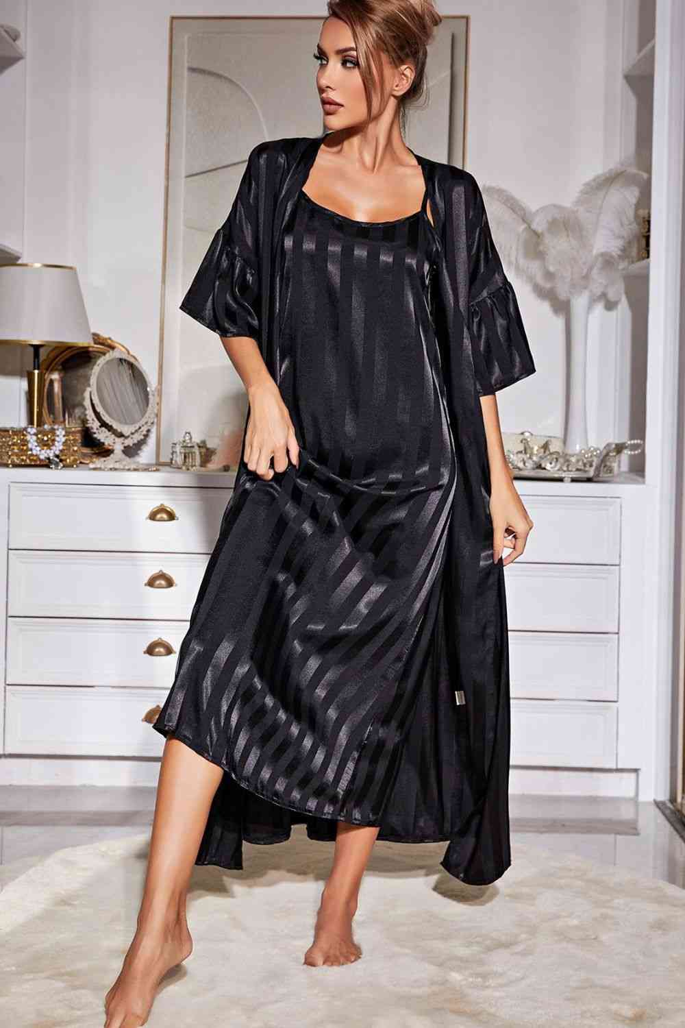 Striped Open Front Robe and Cami Dress Set