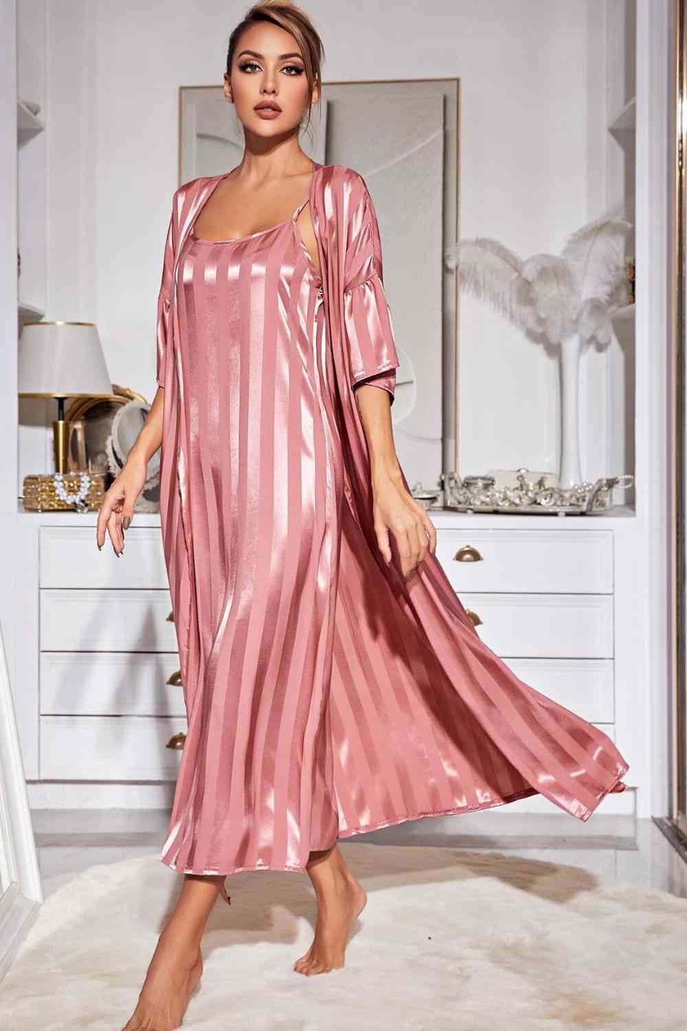 Striped Open Front Robe and Cami Dress Set