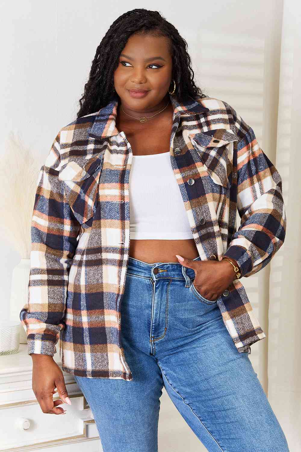 Double Take Plaid Button Jacket