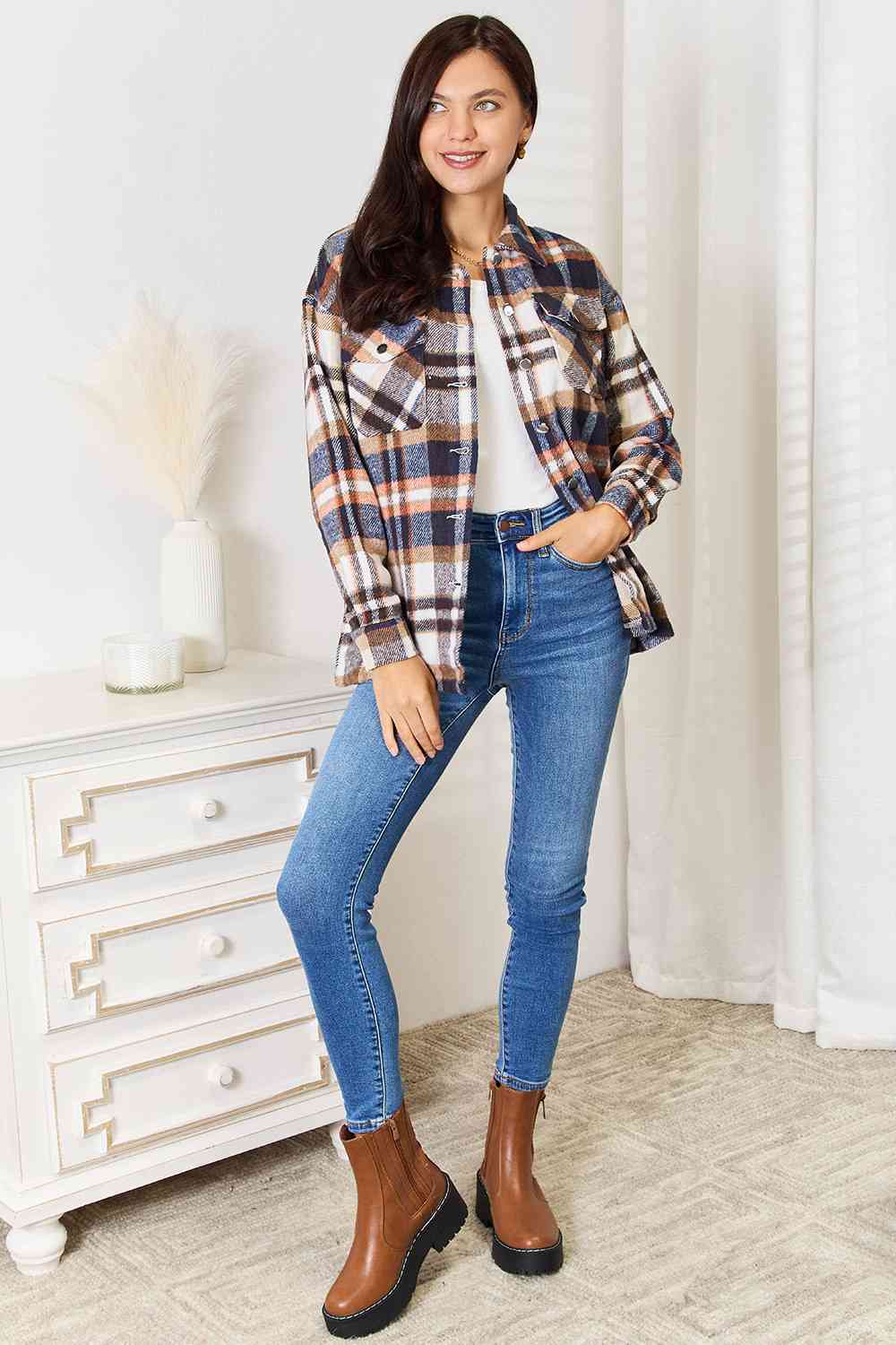 Double Take Plaid Button Jacket