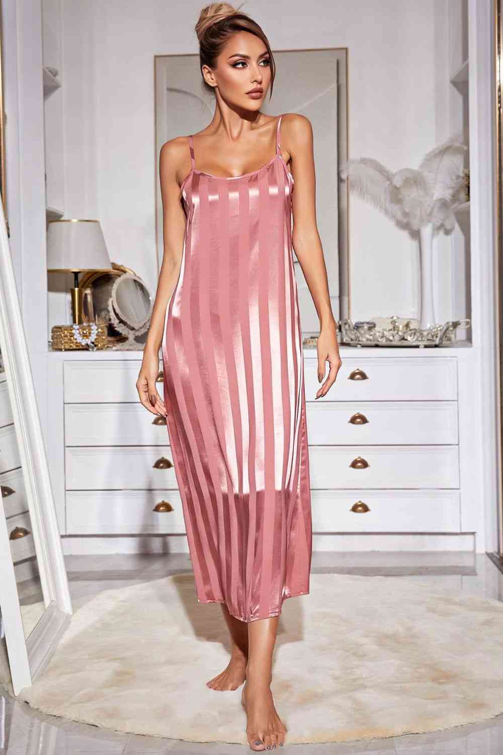 Striped Open Front Robe and Cami Dress Set