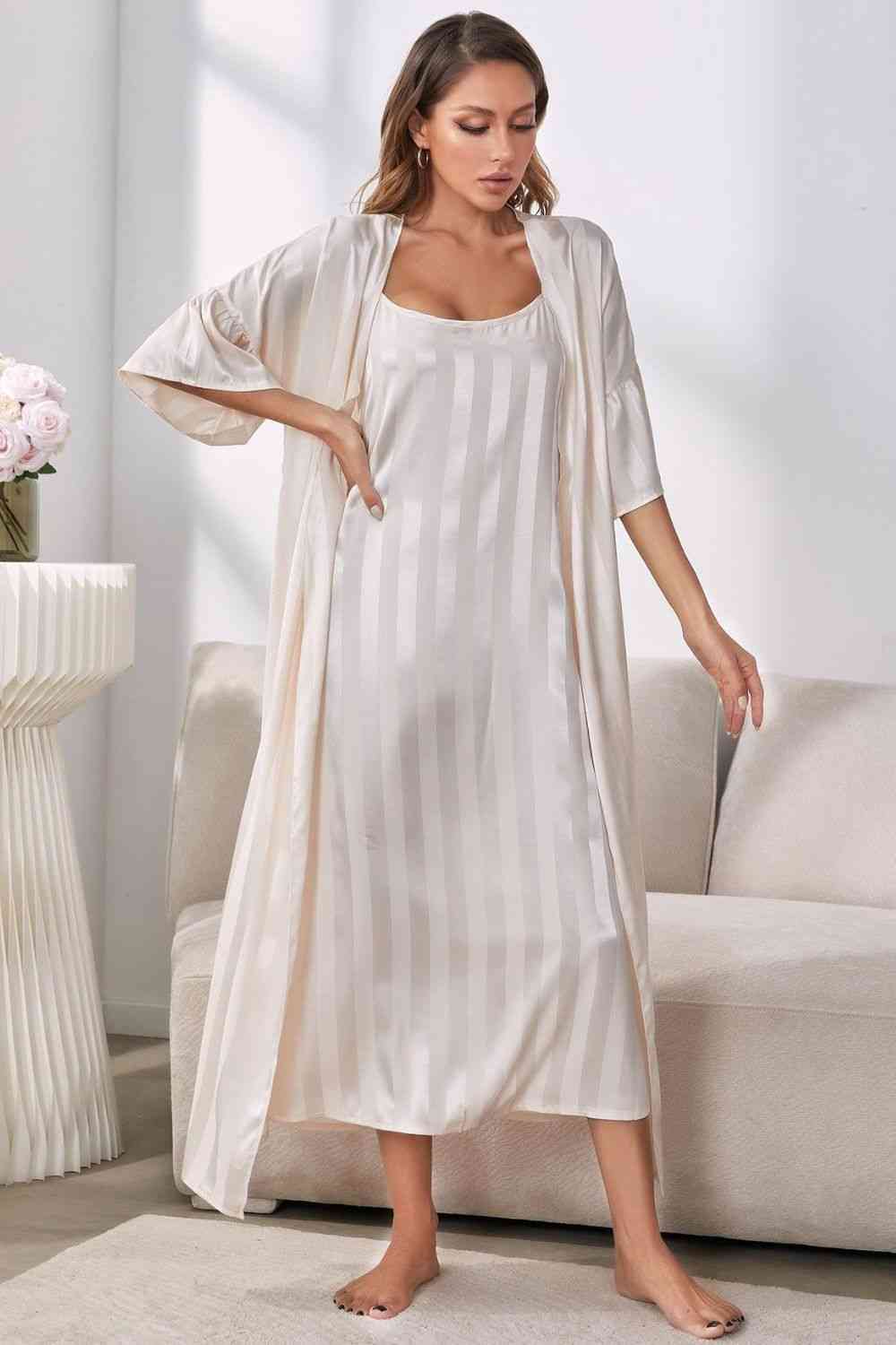 Striped Open Front Robe and Cami Dress Set